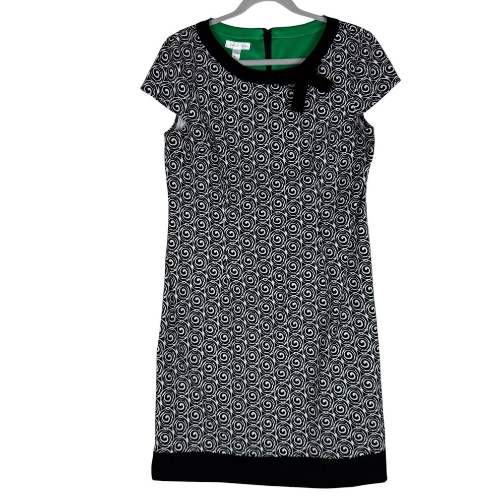 London Times Dress Womens 10 Black Geometric Sheath Bow Short Sleeve Lined